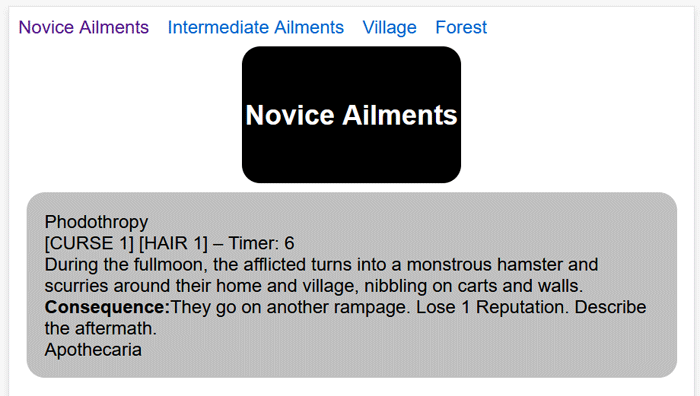 There are plain text links reading "Novice Ailments", "Intermediate Ailments", "Village" and "Forest" along the top. Next black a rectangle with rounded corners with "Novice Ailments" written on it, and below that a bigger, grey rectangle with rounded corners reading "Phodothropy [CURSE 1] [HAIR 1] – Timer: 6 During the fullmoon, the afflicted turns into a monstrous hamster and scurries around their home and village, nibbling on carts and walls. Consequence: They go on another rampage. Lose 1 Reputation. Describe the aftermath. Apothecaria"