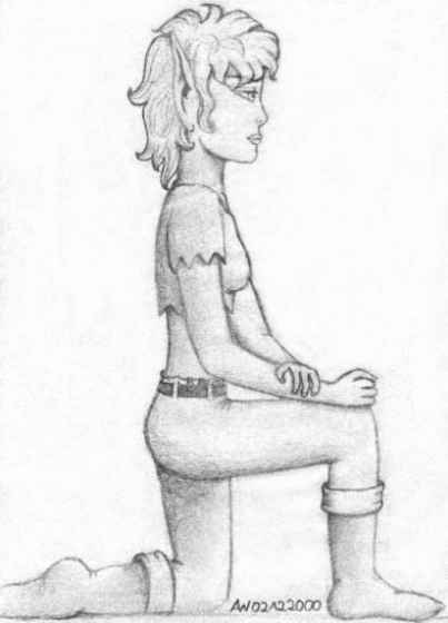 Pencil sketch of an elf taking a knee