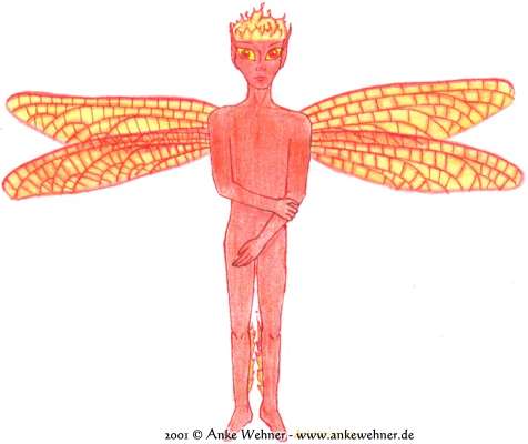 A coloured pencil image of an androgynous fairy with orange-red skin and fire instead of hair.