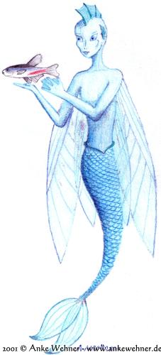 A mermaid-like fairy, with a fish tail, wings resembling flying fish fins, and a fin instead of hair