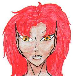 An elf with orange eyes and bright red, fluffy hair.