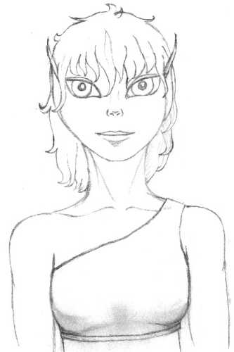 Full-frontal portrait of a female elf wearing an off-one-shoulder crop top.