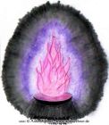 Colour pencil drawing of a fire burning over a bowl. The flames are pink