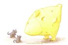 Drawing of a cartoony chicken made of cheese meeting two mice