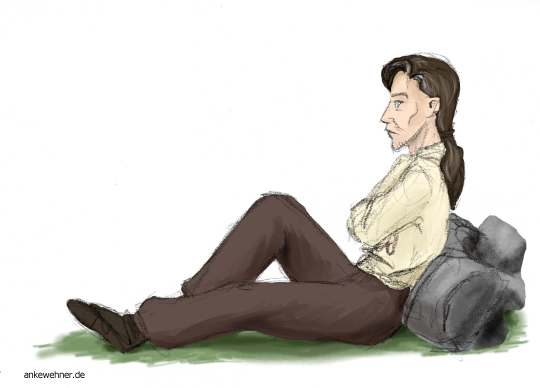 Sketch of a man shown in profile, sitting on the ground with his arms crossed.