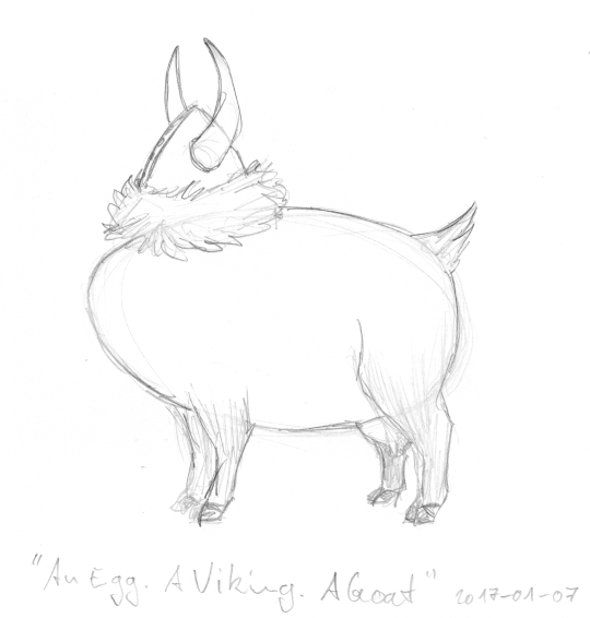 Sketch of a cross between an egg and a goat.