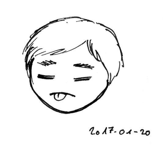 A cartoony face/emoji with short hair and closed eyes sticking out its tongue