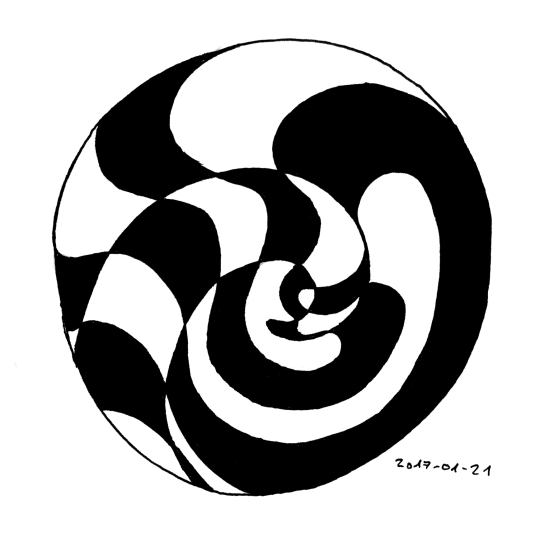 A pattern made up of black and white areas forming a spiral shape