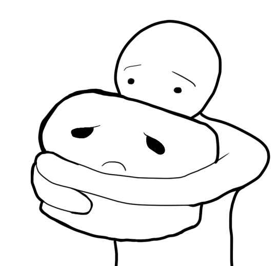 A very cartoony figure hugs a pillow. Both are looking sad.