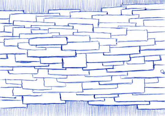 a pattern made up of overlapping long, narrow rectangles with rounded corners, drawn using blue ballpoint pen.