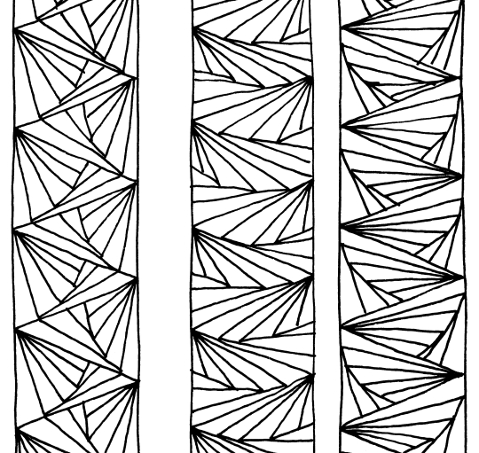 3 vertical bands with one repeating pattern each. The patterns are formed by black, straight lines arranged in fan-shapes and/or forming triangles.