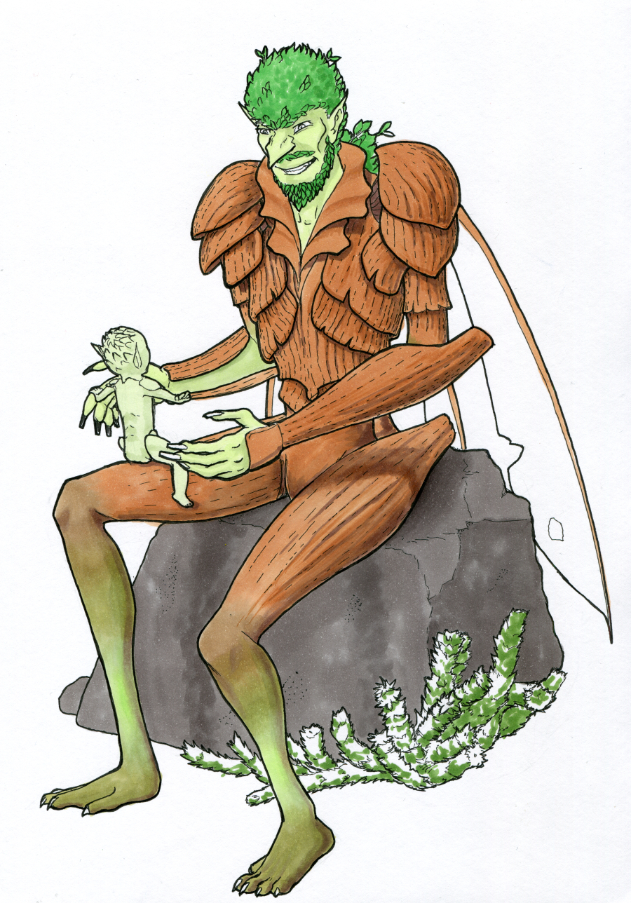 Ink outline showing an insectoid goblin sitting on a stone, with a tiny goblin baby on his knee