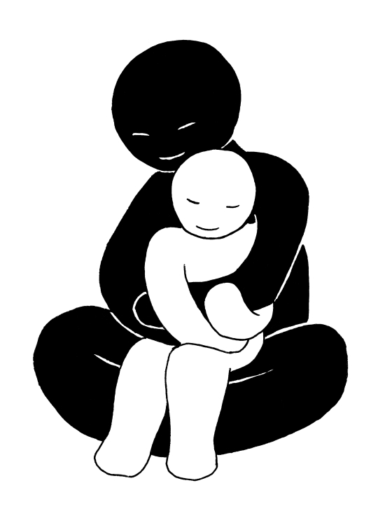 Ink drawing of two stylized figures, one hugging the other.