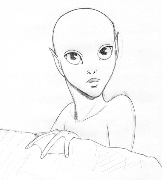 Pencil sketch portrait of a hairless humanoid with pointed ears, big eyes, and four-fingered hands with webbing between the fingers.