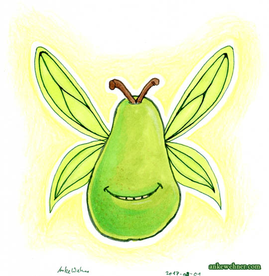 A drawing of a green pear with a smiling mouth, gauzy fairy wings, and two stems like antennae