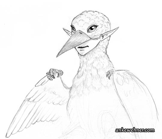 Pencil sketch of a bird-like fae creature. She has bird eyes and an upper beak, but humanoid jaws and lips.