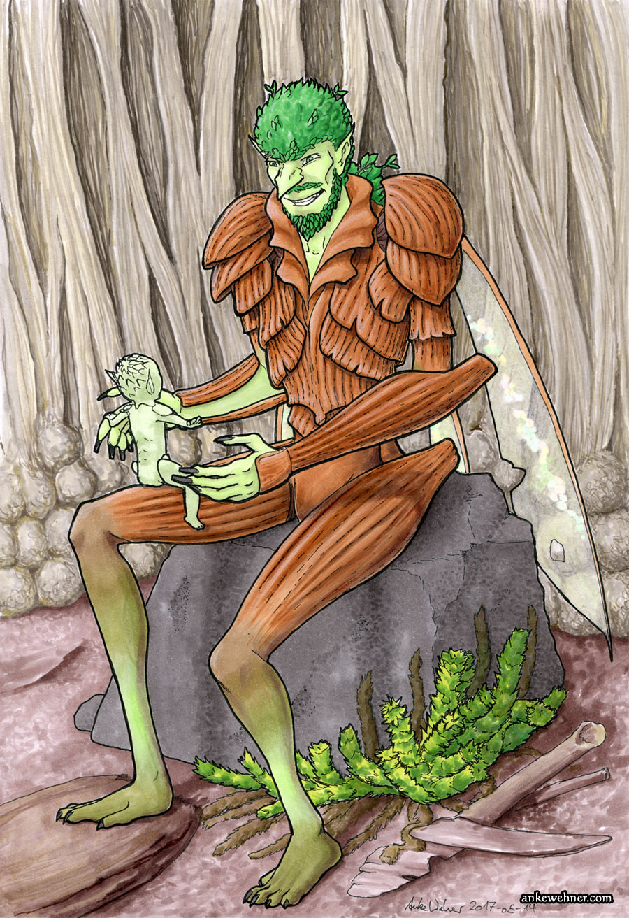 An insectoid goblin with bark-like carapace is sitting on a stone, a tiny goblin baby riding on his knee