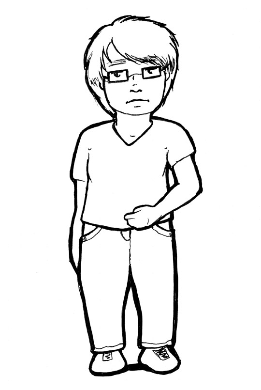 Ink outline drawing of the artist in a slightly cartoony style