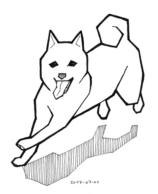 Outline drawing of a running shiba inu
