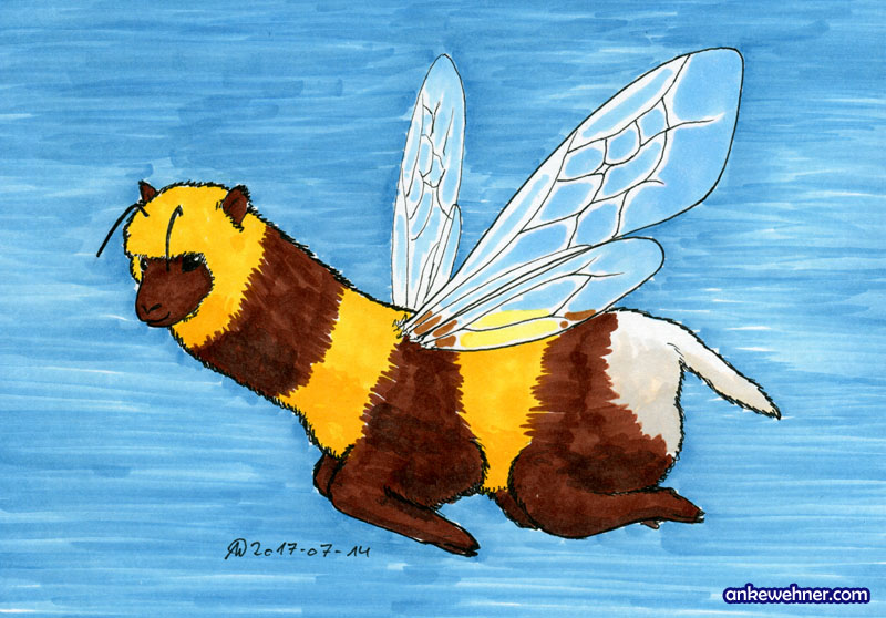 Marker Drawing of an alpaca with bumblebee wings and stripes