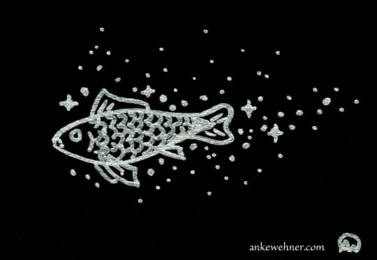 Doodle of a fish, drawn silver on black
