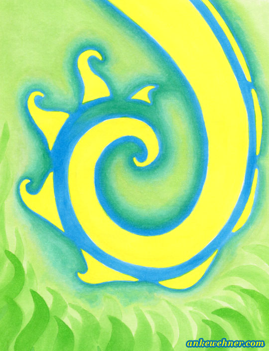 Abstract drawing in yellow, green, and light blue
