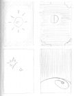 A set of very rough layout sketches for stylised cards showing the sun, the moon, stars, and Earth.