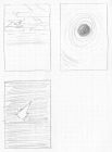 A set of very rough layout sketches for stylised cards showing a cloudy sky, a comet, and a black hole.