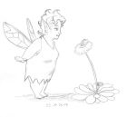 A cute, fat fairy with short hair looks at a daisy on which a ladybug is sitting.