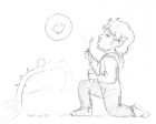 Pencil sketch showing an elf blowing soap bubbles for the entertainment of small birds