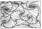 An abstract pattern drawn using only black ink lines, arranging differently sized, but mostly long and narrow triangles in swirl patterns.