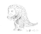 A rough sketch looking like a pangolin walking on its hind legs, showing a humanoid face and hands.