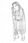 Pencil sketch of a woman leaning on a staff, her boots, robe and coat splattered with mud.