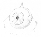 A spherical hovering robot with a single eye, two thin arms with pinchers, and a short antenna on top.