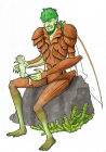 Ink outline showing an insectoid goblin sitting on a stone, with a tiny goblin baby on his knee