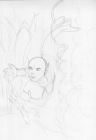 rough pencil sketch of a small mermaid playing with little fishes.