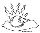 Ink outline sketch of someone lying facedown on a pillow, holding their head, jagged lines radiating from their head.