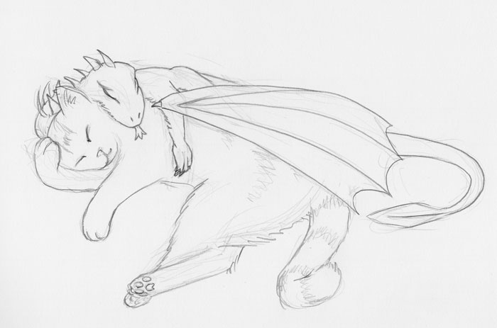 Pencil sketch of a cat and a small dragon cuddled up together, sleeping