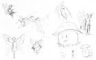 Sketches of various fairies and mushrooms with faces.