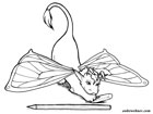 Ink line drawing of a small dragon with butterfly wings playing with an eraser