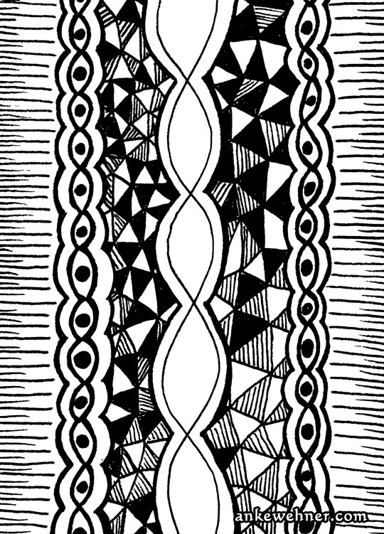 Abstract black and white ink drawing with eye-garlands and triangles