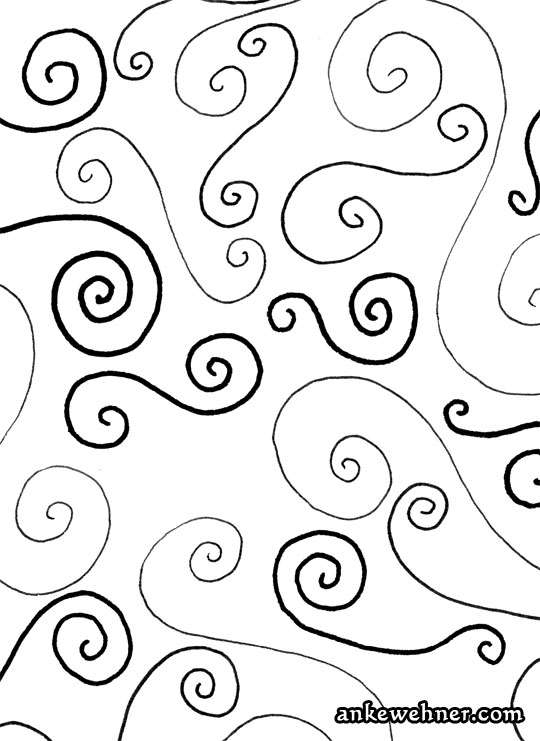 Abstract black and white ink drawing consisting of small spirals, connected in pairs to s-shapes