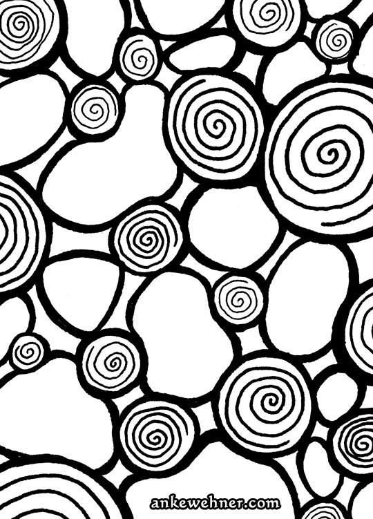 Abstract black and white ink drawing showing multiple spirals corrected with frames