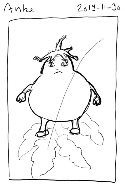 Sketch of me as a tomato with little arms and legs, standing on a tomato leaf.