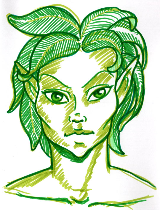 Line drawing portrait in two shades of green of a dryad, with wide leaves instead of hair