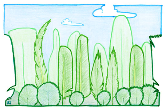 Stylized drawing of a forest in which each tree is a giant feather.