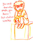 Nico is squatting on the edge of a box and saying "you could draw other people, you know?"