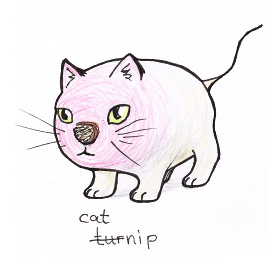 A cross between a cat and a turnip in a cute cartoon style.
