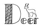 Stylized black line drawing of a deer and the word "Deer" lettered with a very big D, and the wide parts of the letters filled with different leaf-based patterns.