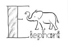 Stylized black line drawing of an elephant and the word "Elephant" lettered with a very big E, and the wide parts of the letters filled with a pattern based on bushy grass tops

